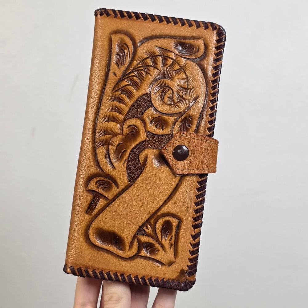 Vintage Hand Tooled Leather Western Wallet Film and Prop 1960s 1970s
